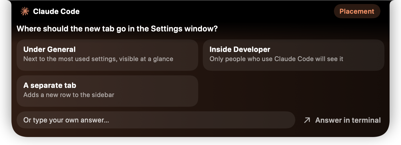 Claude Code asks: Where should the new tab go in the Settings window?