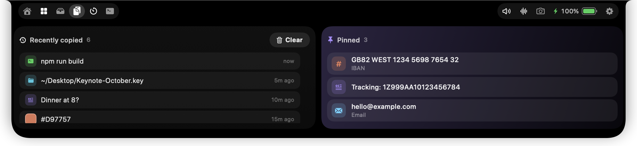Clipboard: recent copies on the left, pinned items on the right