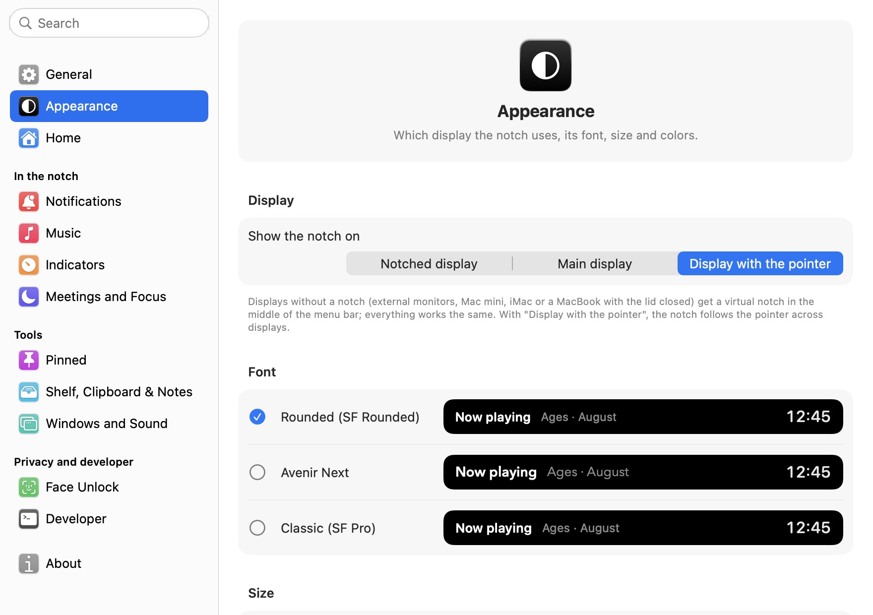 Settings, Appearance: display, font and open notch size