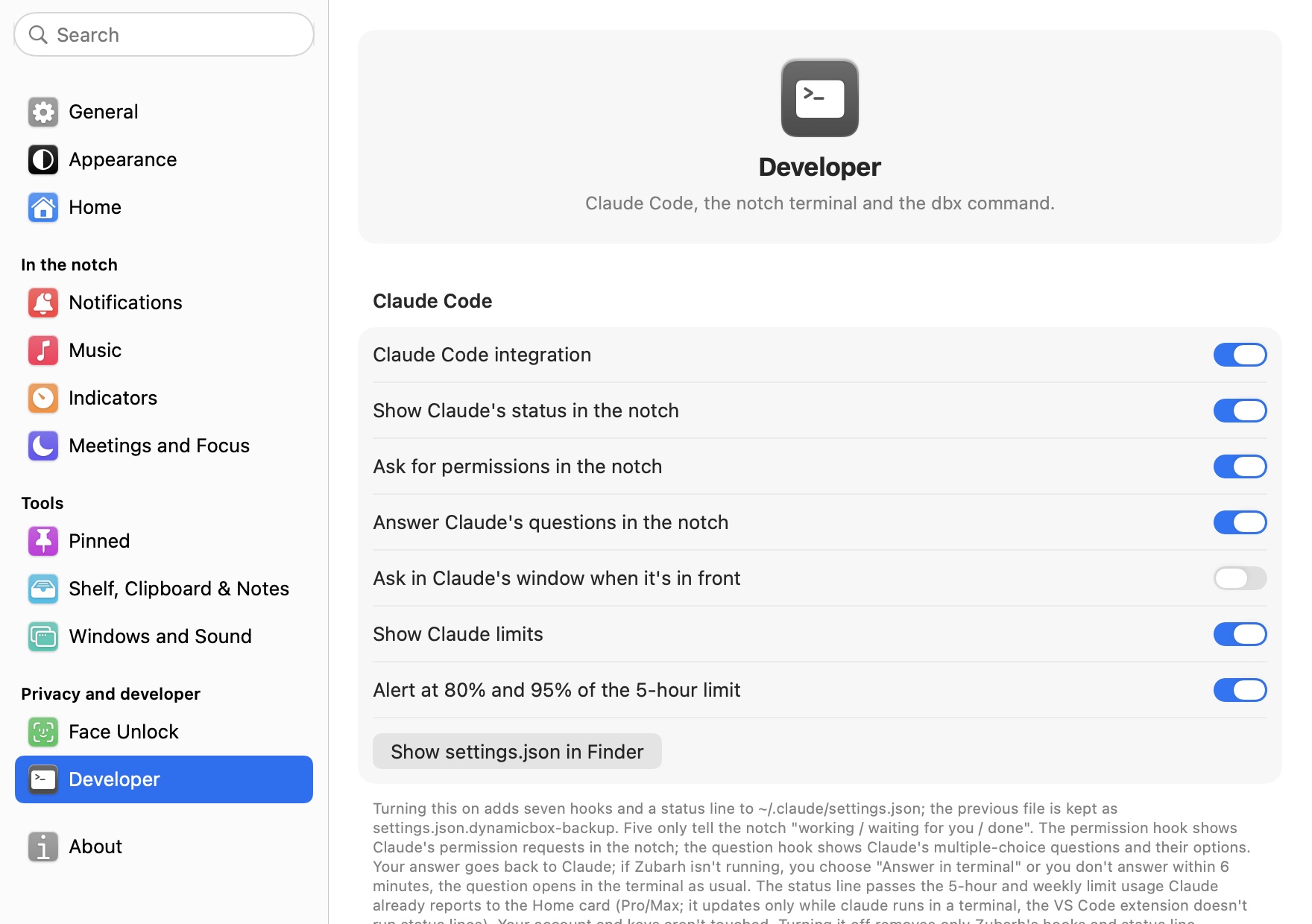 Settings, Developer: Claude Code integration and limits
