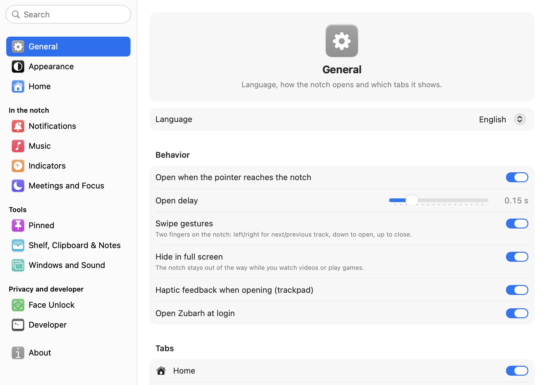 Settings, General: language, opening behavior, swipe gestures and tabs