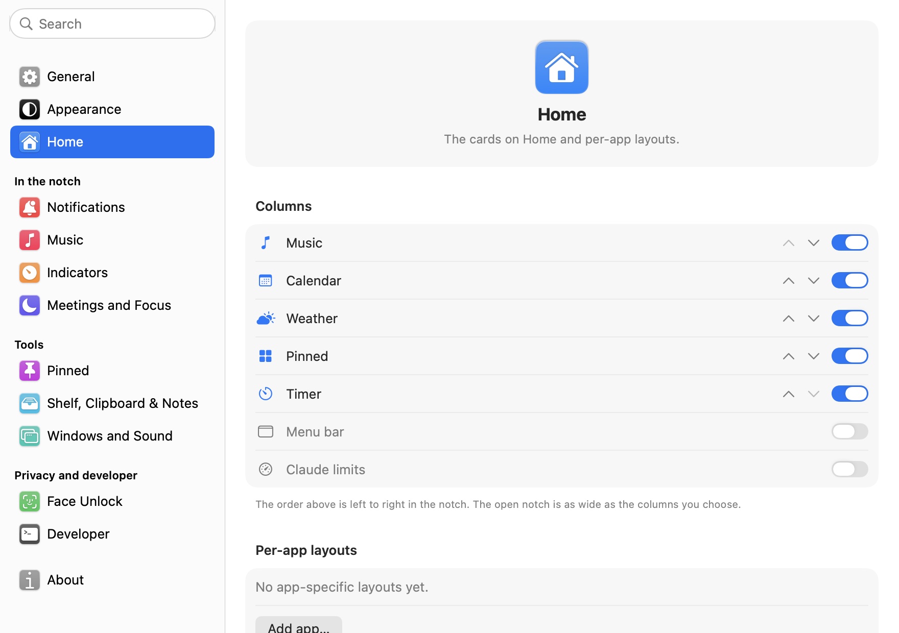 Settings, Home: columns and per-app layouts