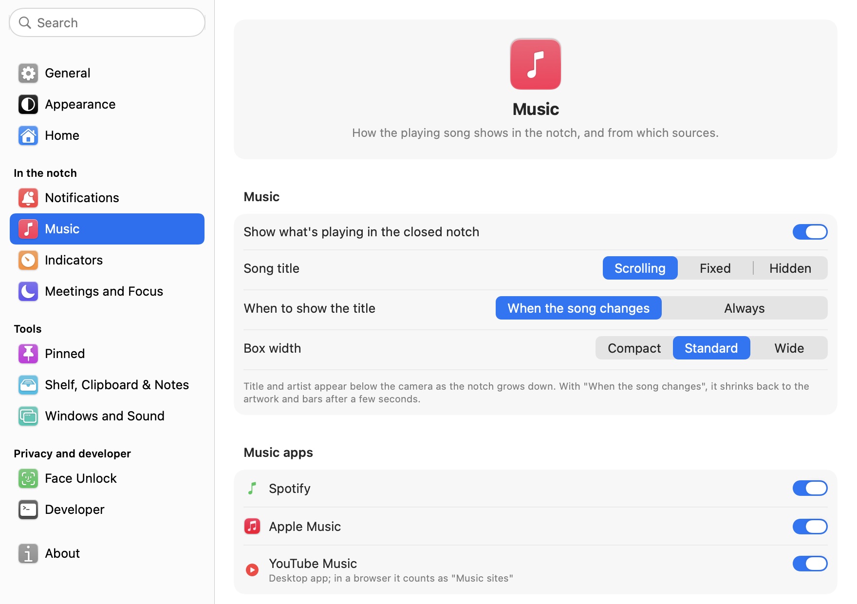 Settings, Music: song title and music apps