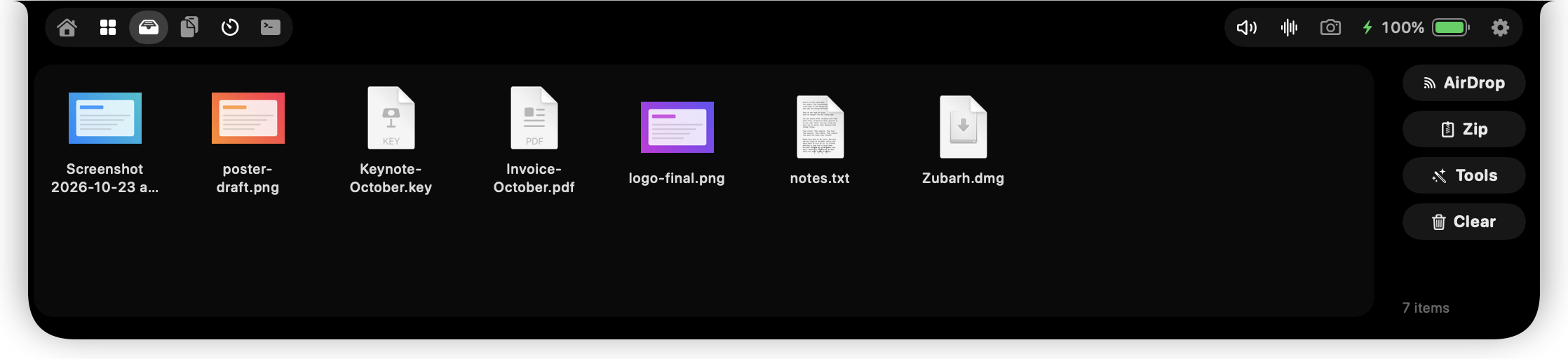 Seven files on the shelf with AirDrop, Zip and Tools buttons