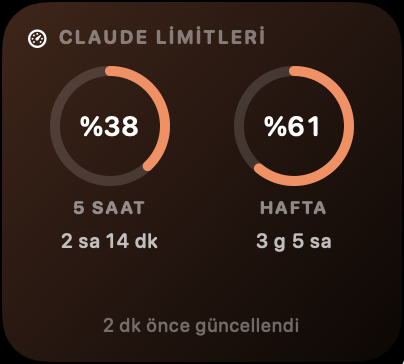 Claude limitleri kartı: 5 saatlik limit yüzde 38, haftalık yüzde 61