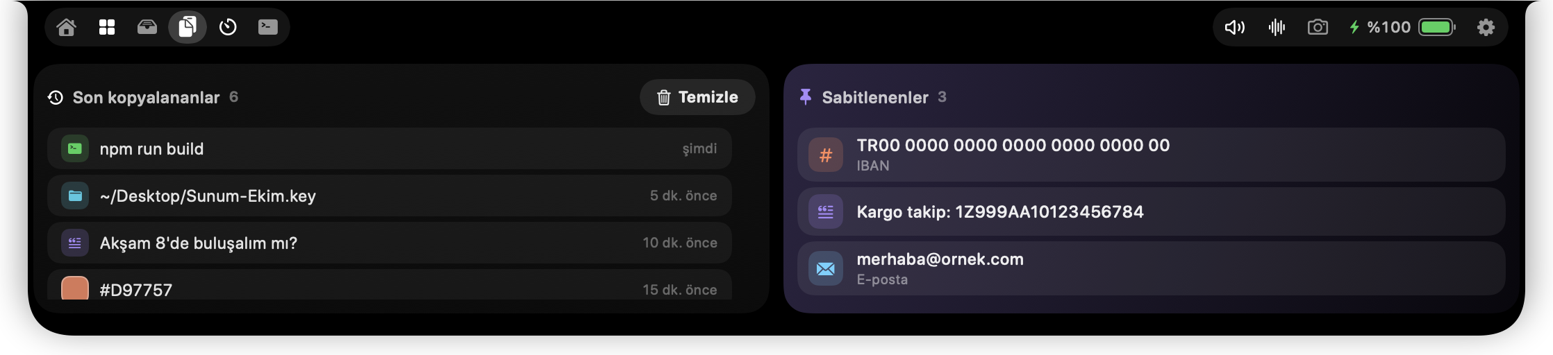 Pano: solda son kopyalananlar, sağda sabitlenenler