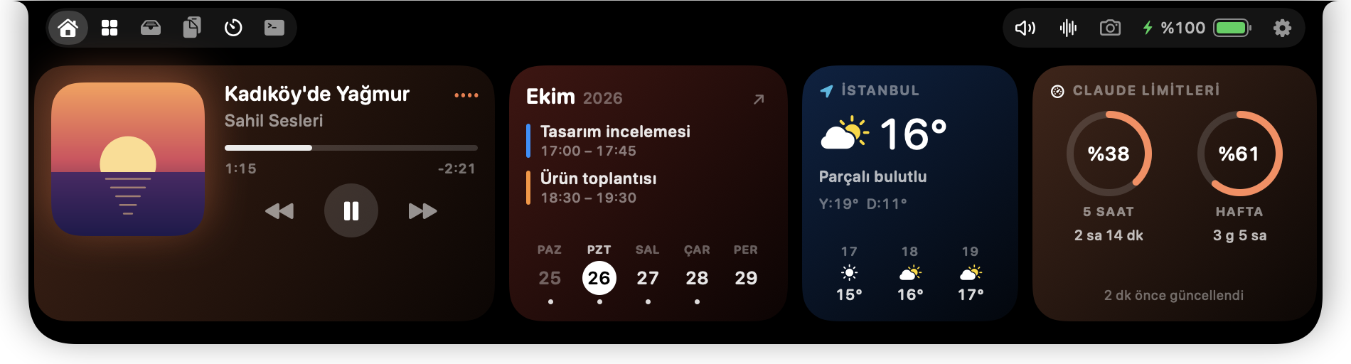 Açık çentik: müzik, takvim, hava durumu ve Claude limitleri kartları