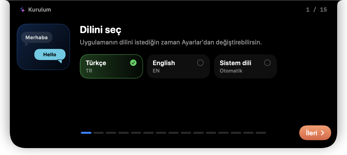 Kurulum adımı 1: dil seçimi