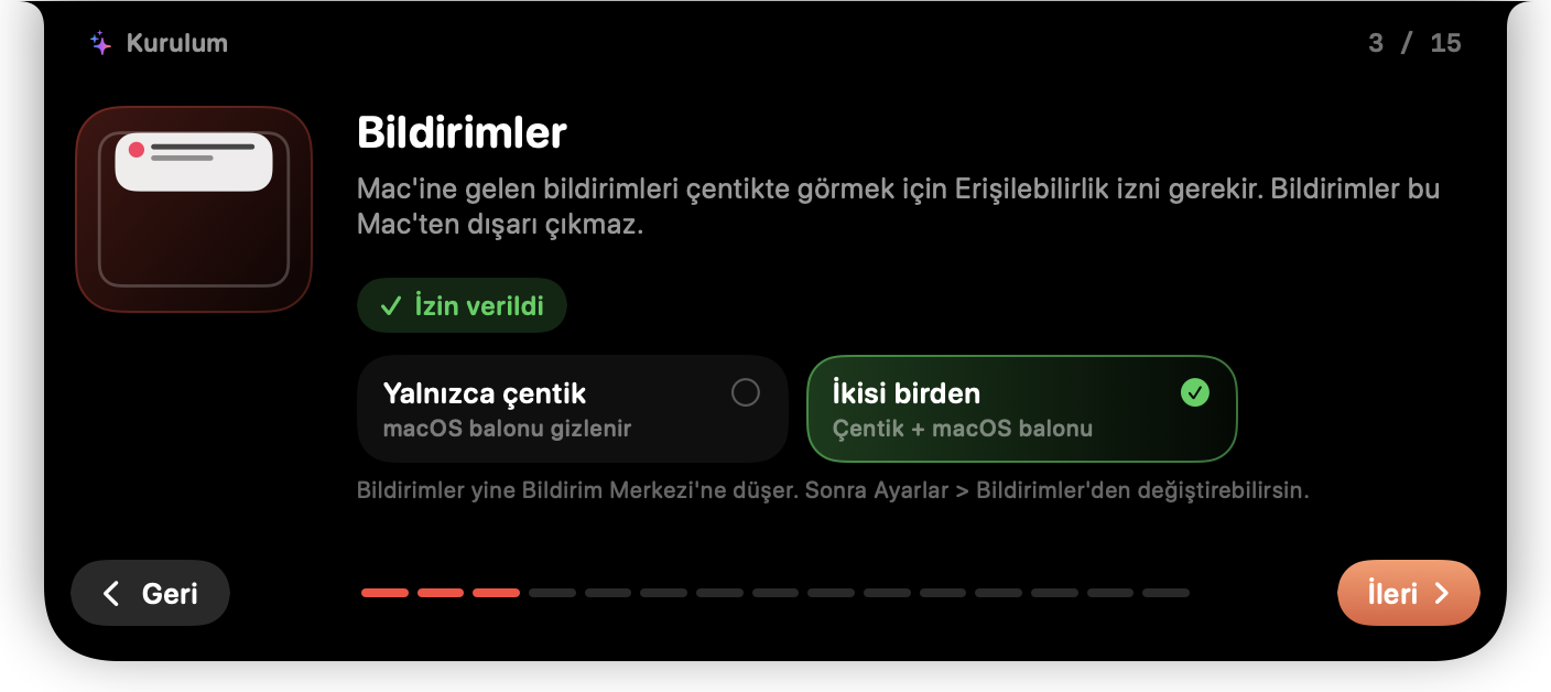 Kurulum adımı 3: bildirimler, izin verildi